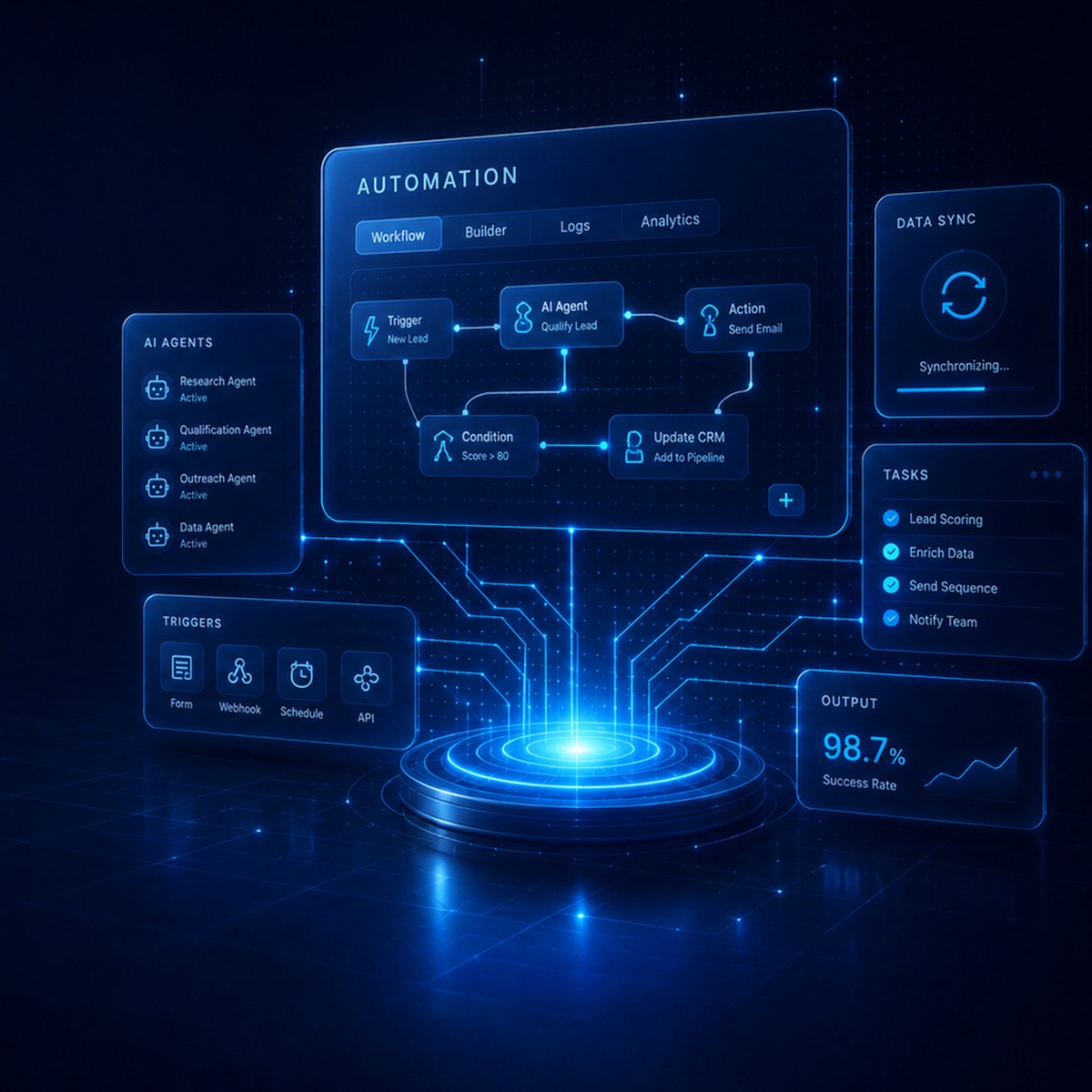 트리거에서 AI 에이전트를 거쳐 CRM 갱신까지 이어지는 자동화 흐름 화면